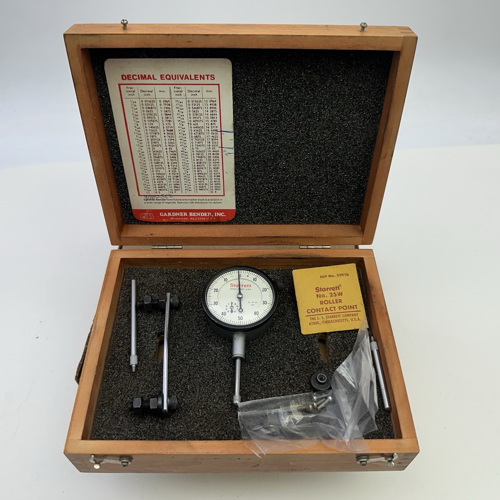Starrett 25-341 Dial Indicator .001" Graduation 1" Range w/ Extras Set Wood Box