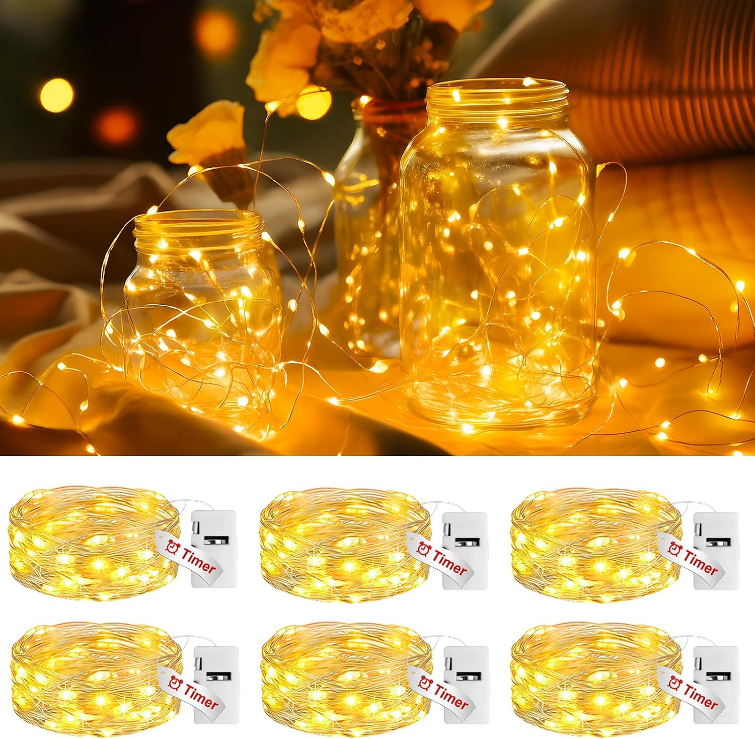 6 Pack Yellow Fairy Lights Battery Operated with Timer, 20 LED 3 Modes