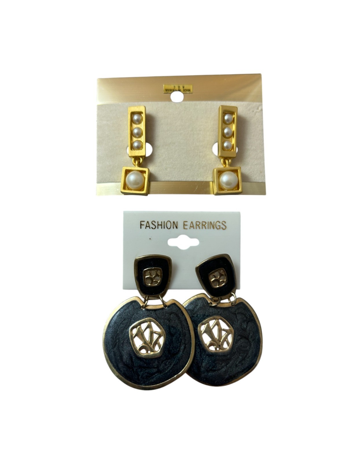 Vintage Lot 2 Earrings Geometric Black Gold Tone Dangle Faux Pearl Drop Retro