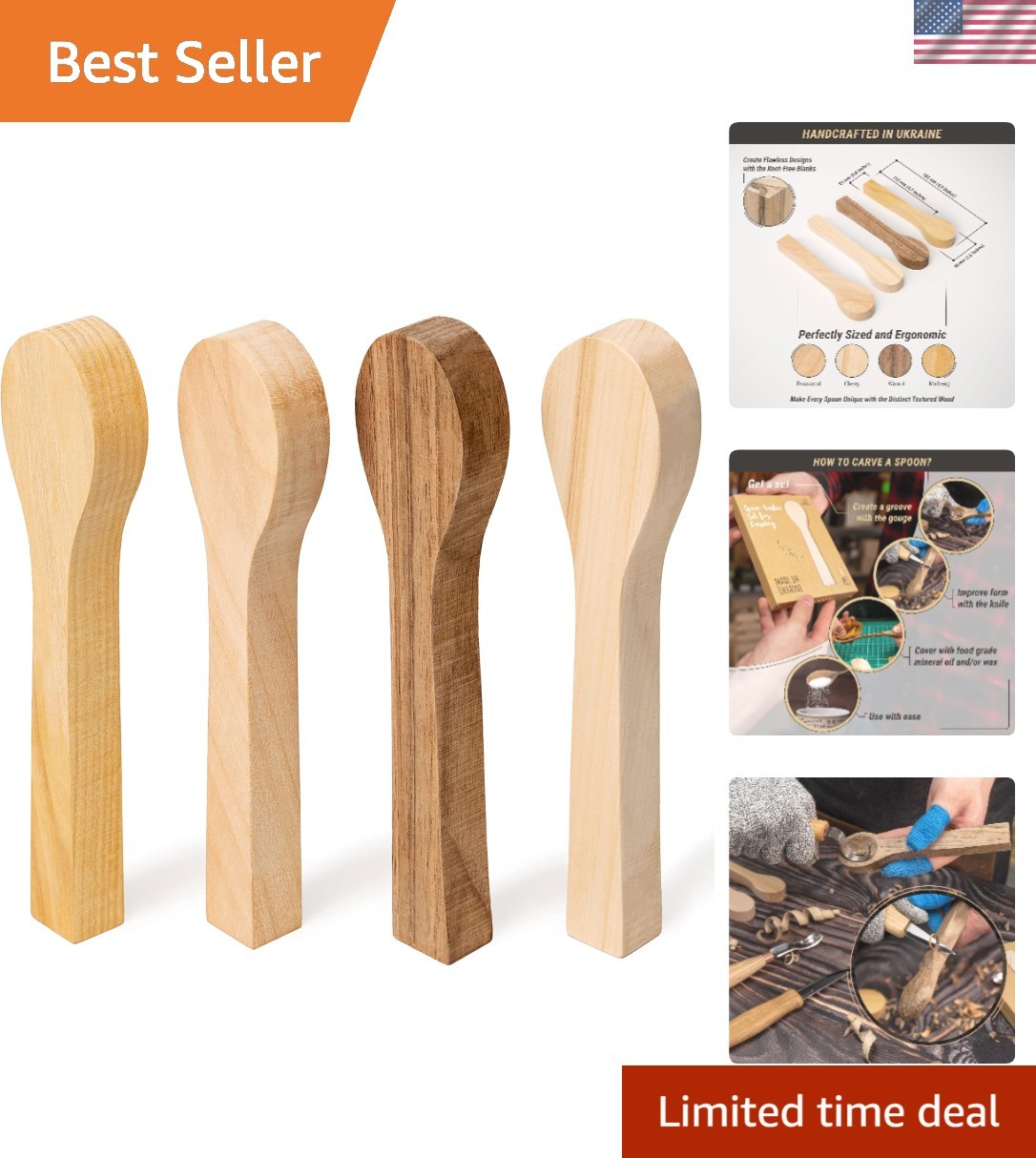Versatile Spoon Carving Kit with Four Wood Blanks: Ideal for All Skill Levels