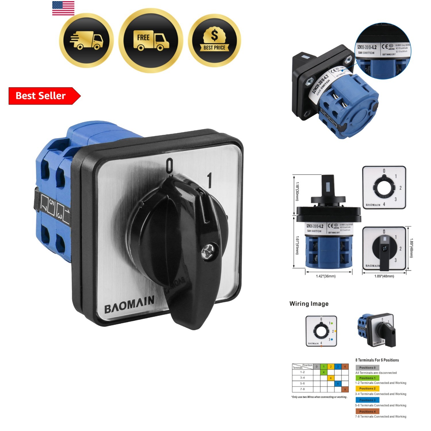 20A 660V Cam Changeover Switch, 5 Position 8 Terminals -20/0-4.2, Rotary Sele...