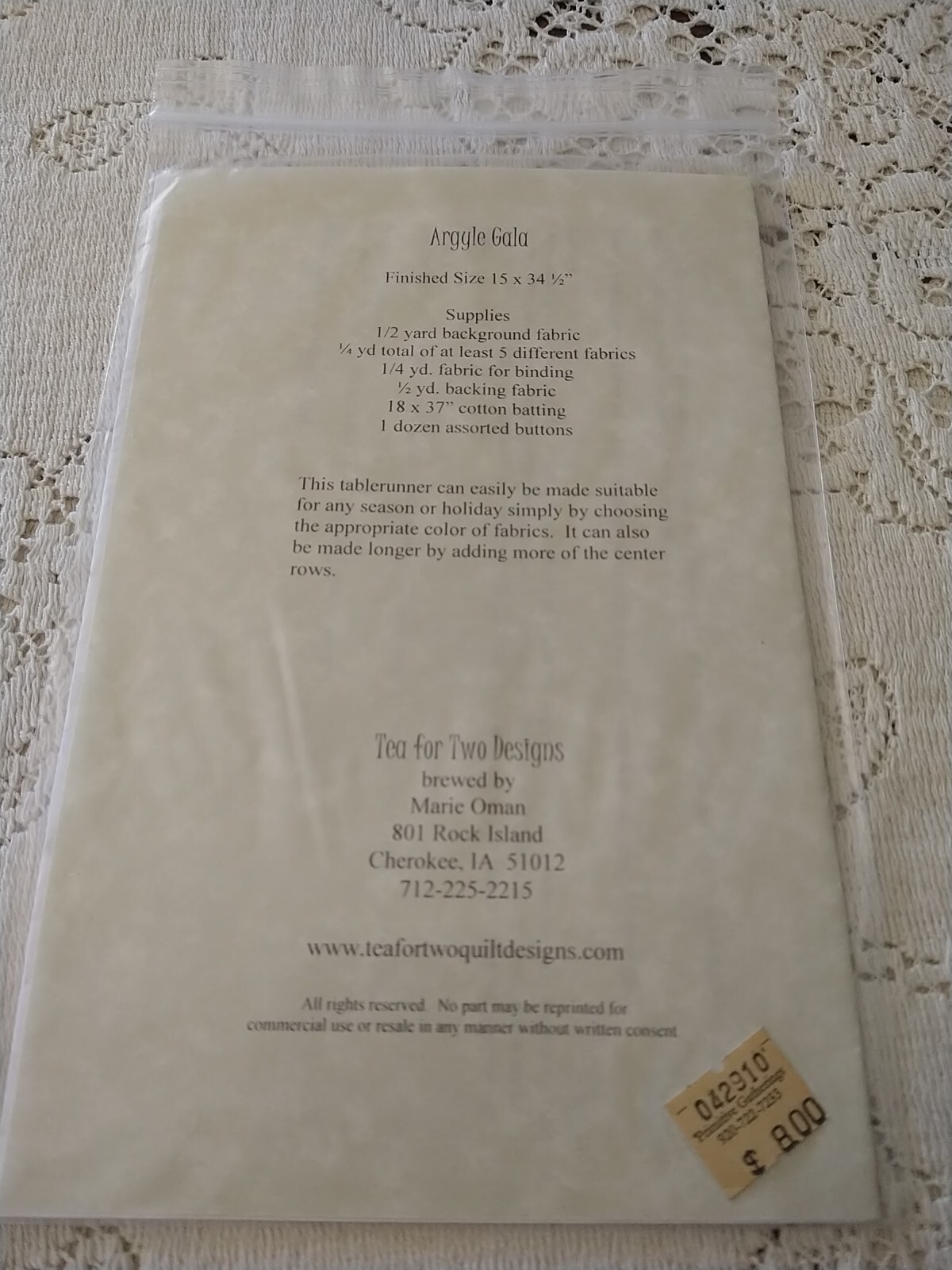 TEA FOR TWO DESIGNS Quilt Pattern Argyle Gala 15x34 1/2" TFT132
