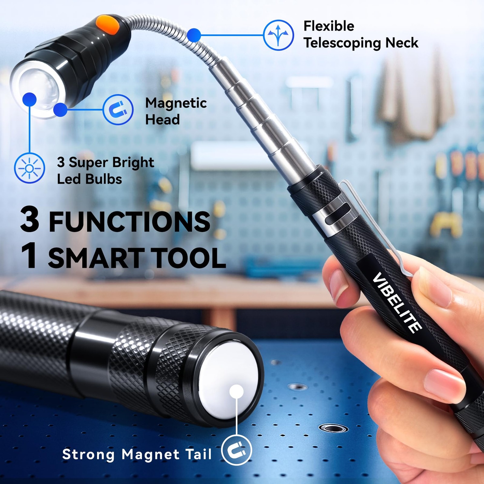 VIBELITE Extendable Magnetic Flashlight with Telescoping Magnet Pickup Tool- Dad