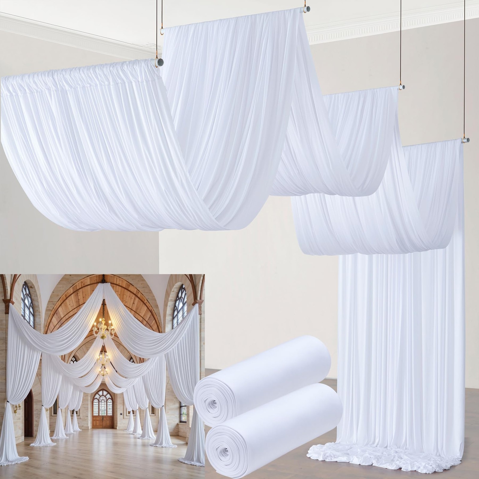 Htper 10Ftx30Ft White Ceiling Drapes For Wedding Parties Wrinkle Polyester 2