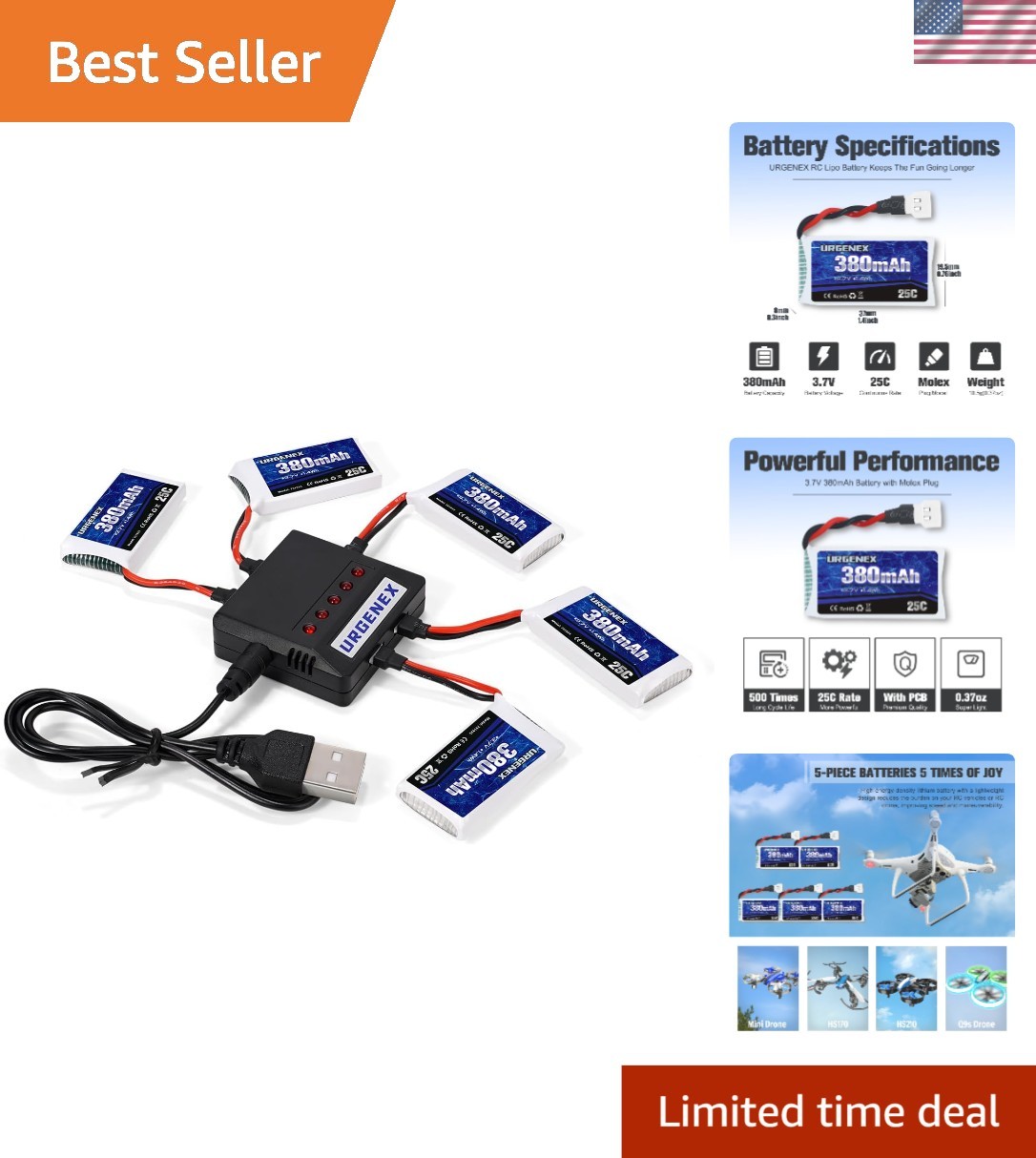 5PCS 3.7V 380mAh Drone Batteries with 5-in-1 Charger for Extended Flight Time