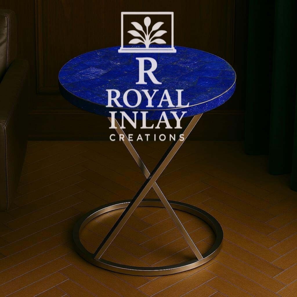 Round Lapis Lazuli Table | Handmade Blue Gemstone Tabletop | Luxury Accent Decor