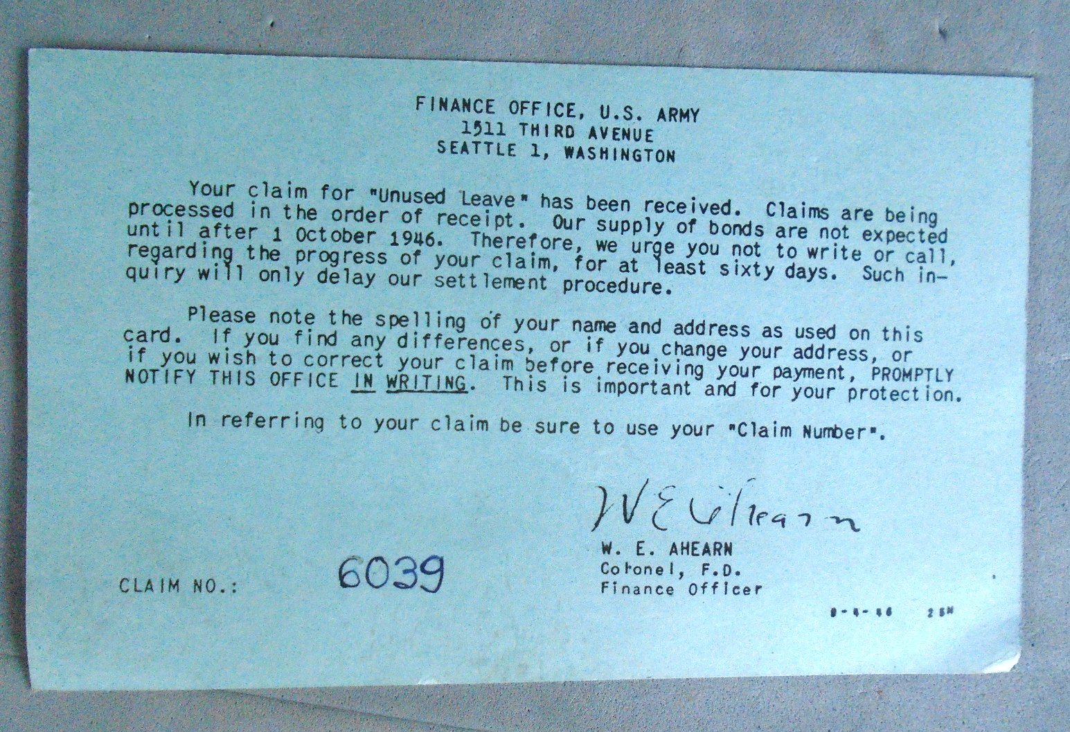 WWII claim for unused leave card