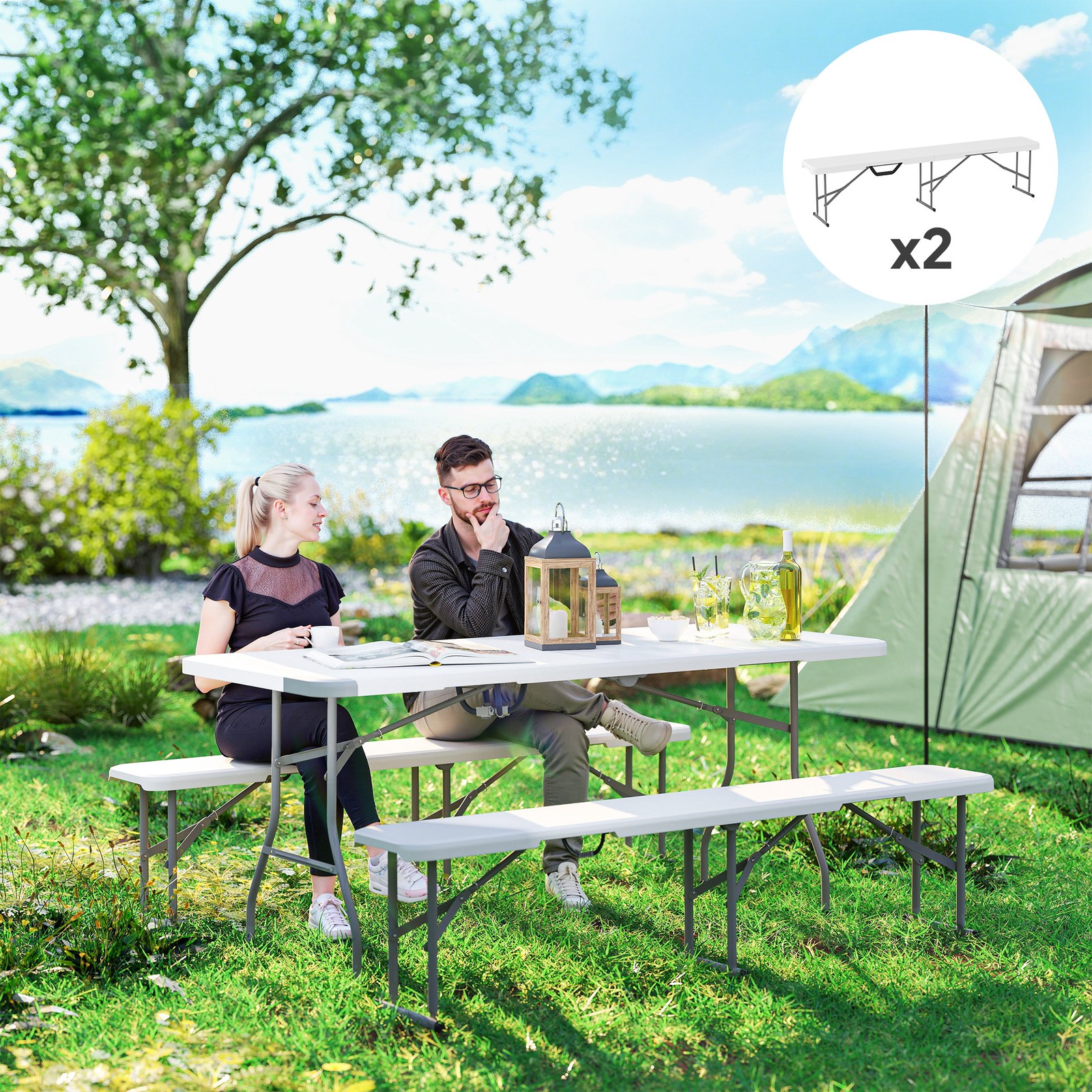 Set of 2 Folding Camping Bench 6ft Portable Outdoor Garden Patio Seat HDPE