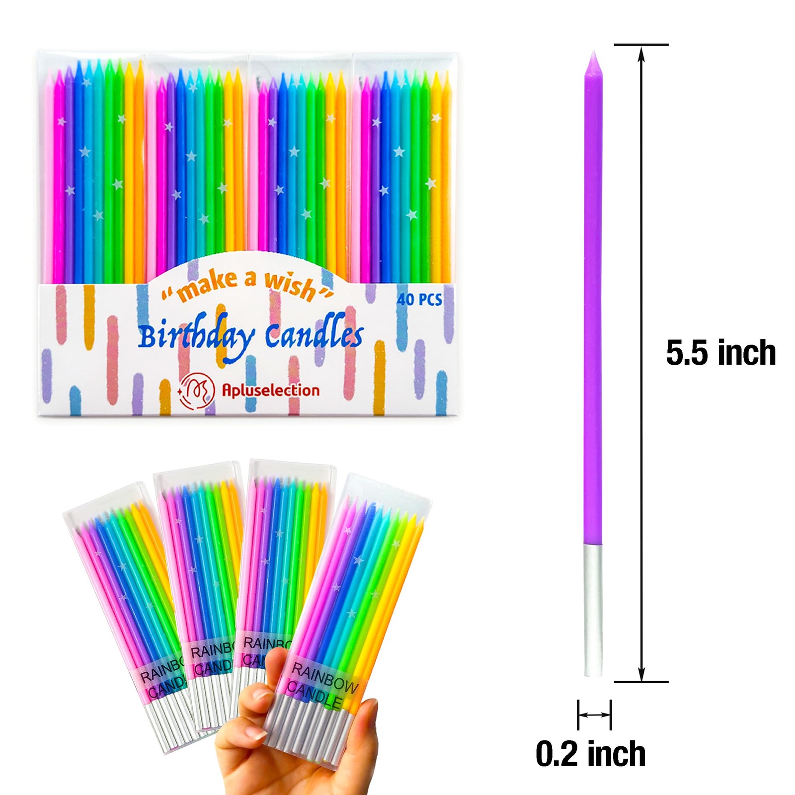Apluselection 40-Count Rainbow Birthday Candles, Tall Thin Birthday Cake Can...