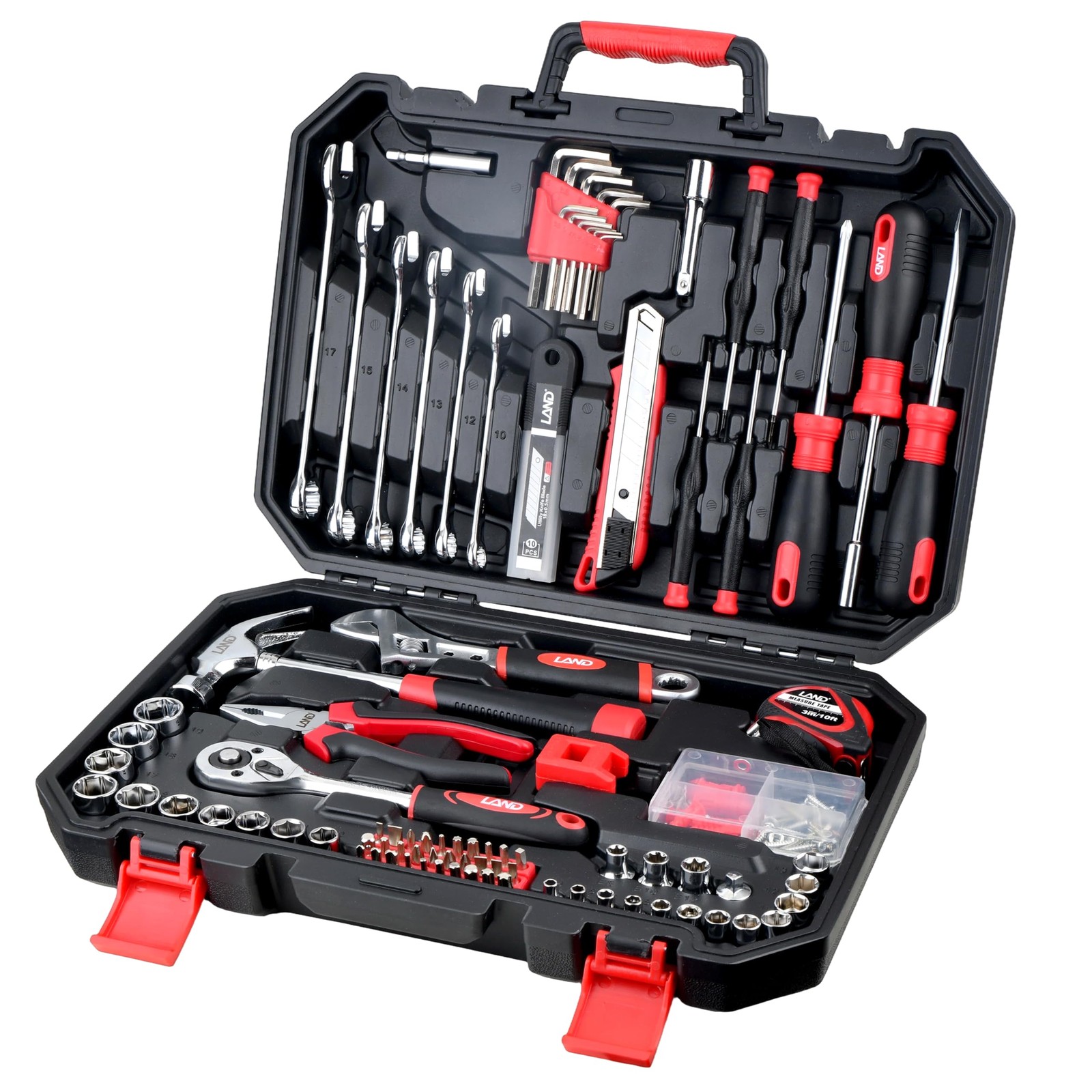 LAND 159-Piece Tool Set with Storage Case, Home & Auto Repair Kit Black, Red