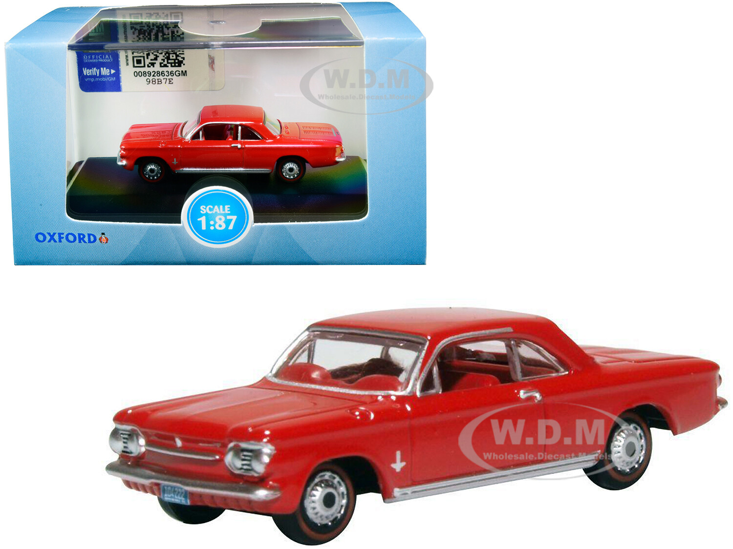 1963 CHEVROLET CORVAIR COUPE RED 1/87 (HO) DIECAST MODEL CAR BY OXFORD 87CH63002