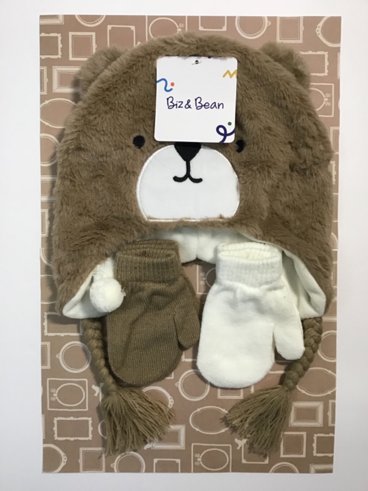 Biz & Bean Children’s Bear Hat and Glove Set-5 and up-Brown and Ivory NEW