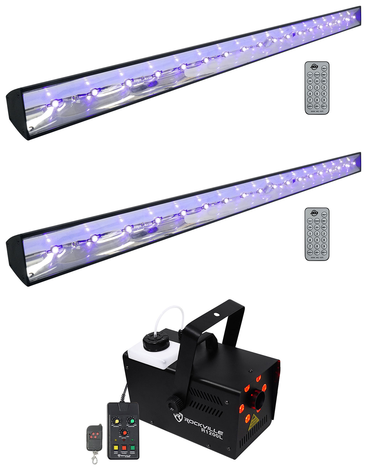 (2) American DJ ECO BAR UV DMX Ultraviolet LED Bar Black Lights w/Remotes+Fogger