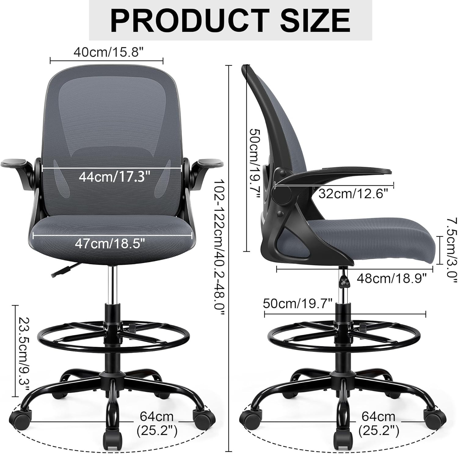 Office Drafting Chair with Flip-Up Armrests & Lumbar Support for Maximum Comfort