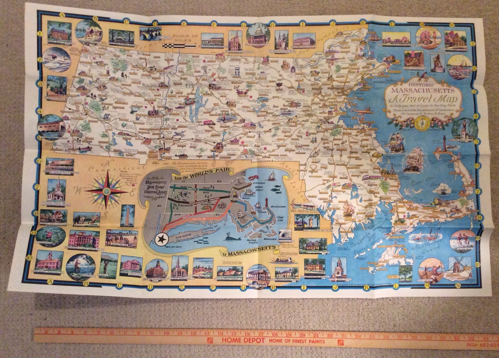 Large Vintage Massachusetts Cartoon Travel Map World’s Fair 21” x 34”