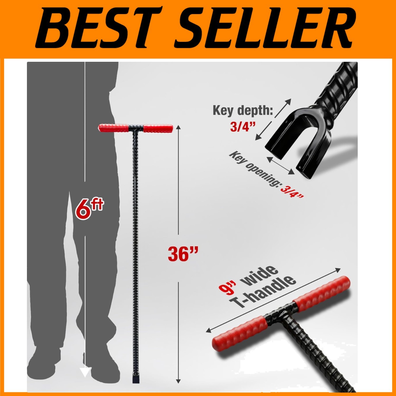 36" Water Meter Key - Steel T Handle