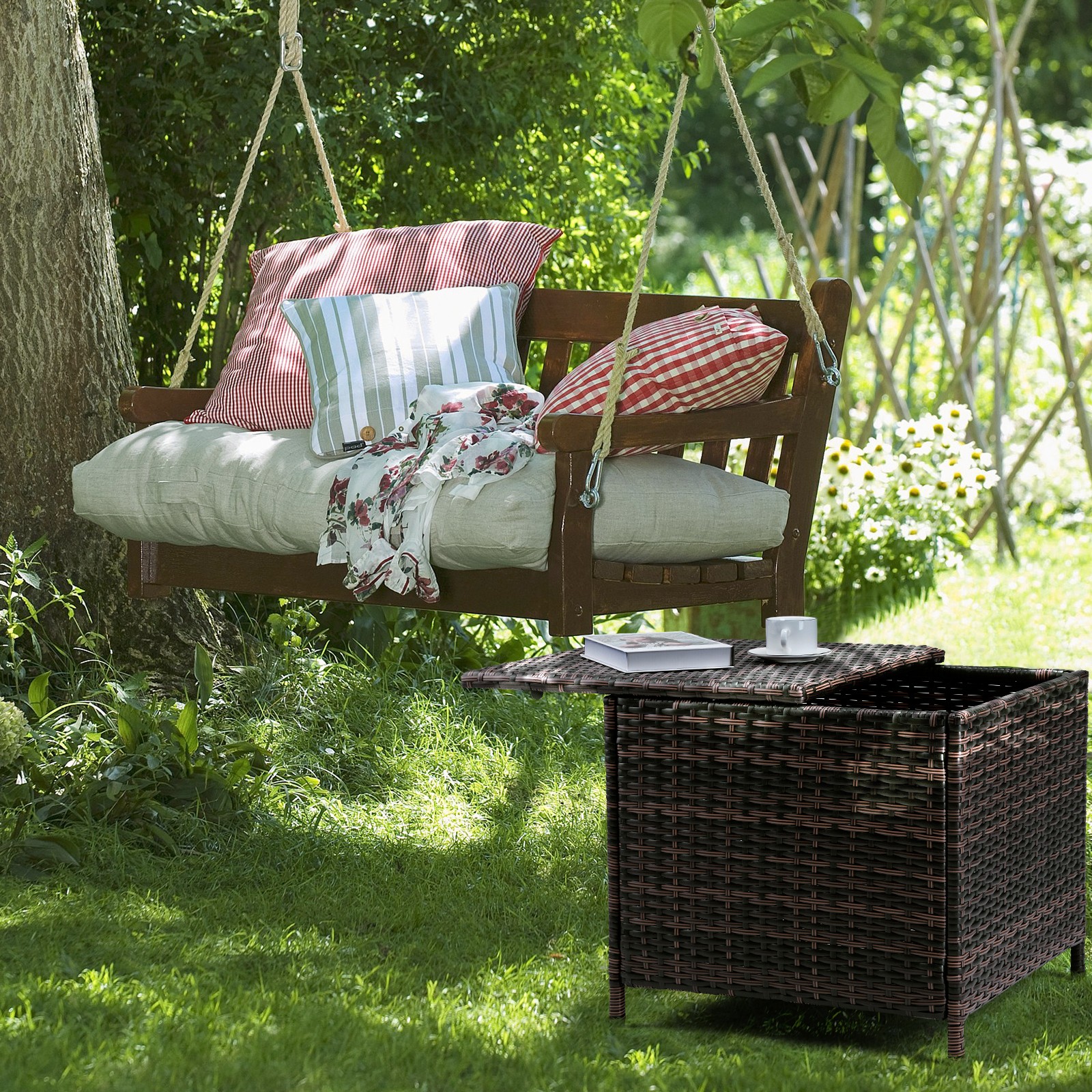 PE Wicker Side Table with Storage,Patio Rattan End Table Square Container