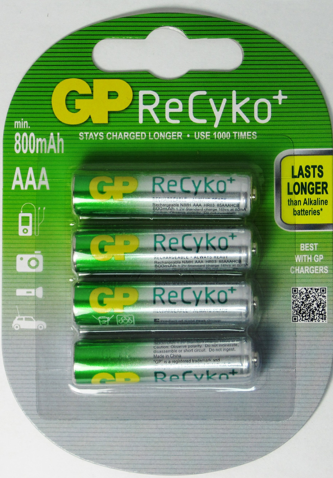4 GP RECYKO PRECHARGED RECHARGEABLE AAA 800mAh BATTERIES