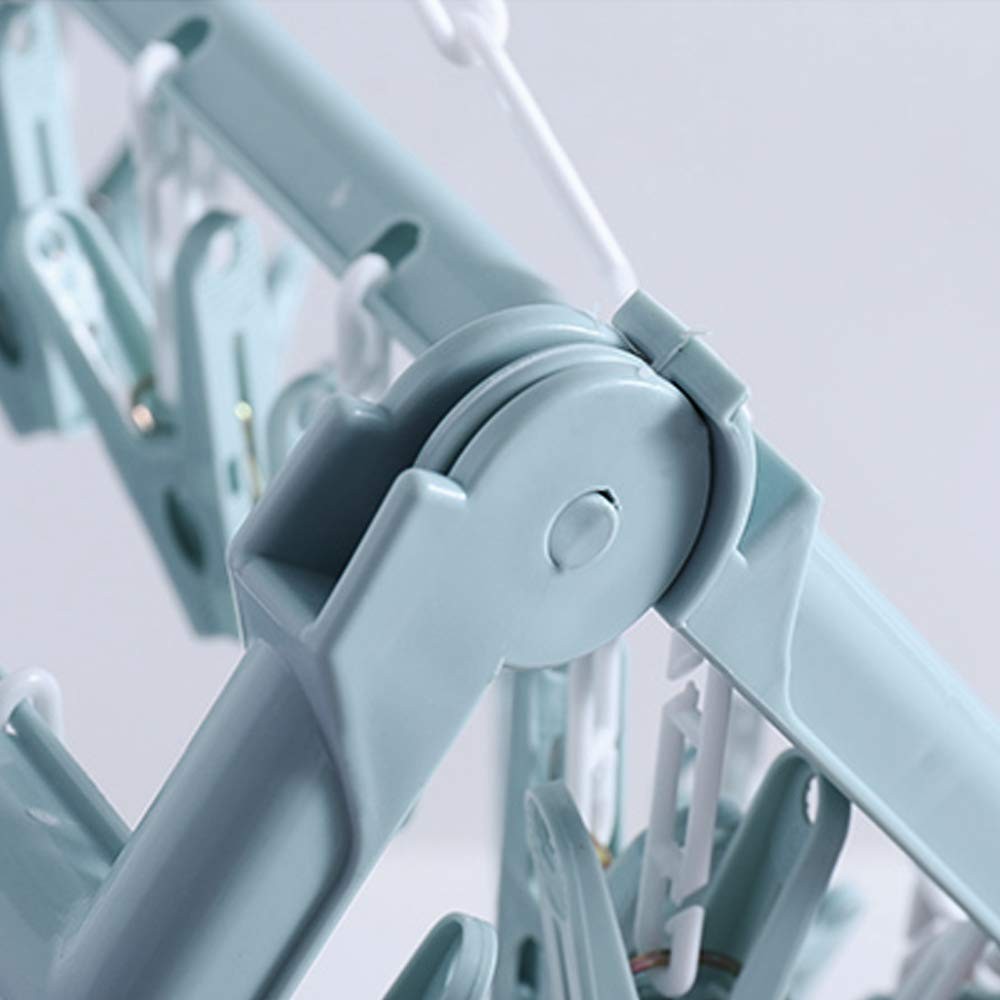 Clothes Drying Hanger with 32 Clips and Drip Foldable Hanging Rack (Light Blue)