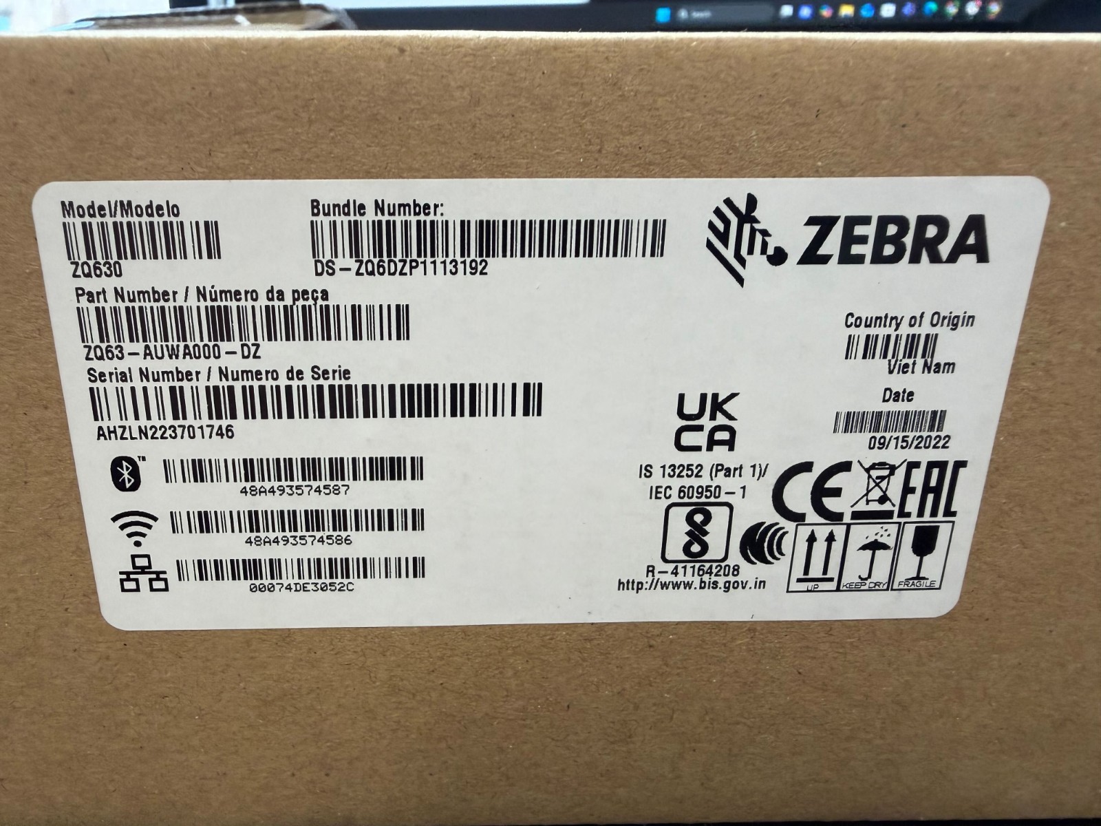 ZEBRA ZQ63-AUWA000-DZ ZQ630 LABEL DIRECT THERMAL MOBILE PRINTER