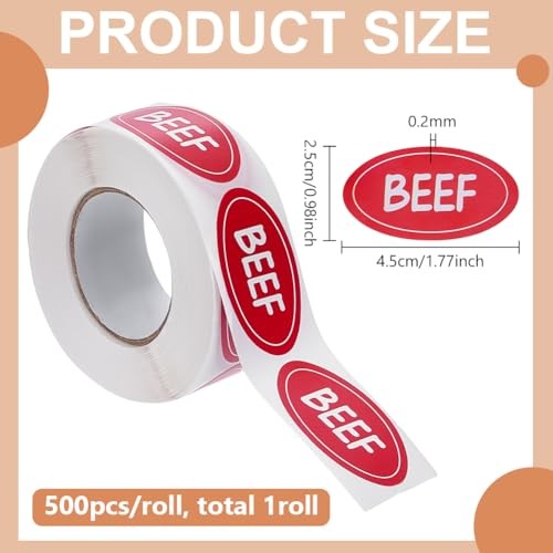 500Pcs Labels 1x1.8Inch Beef Oval Adhesive Stickers Grocery Store Beef Food