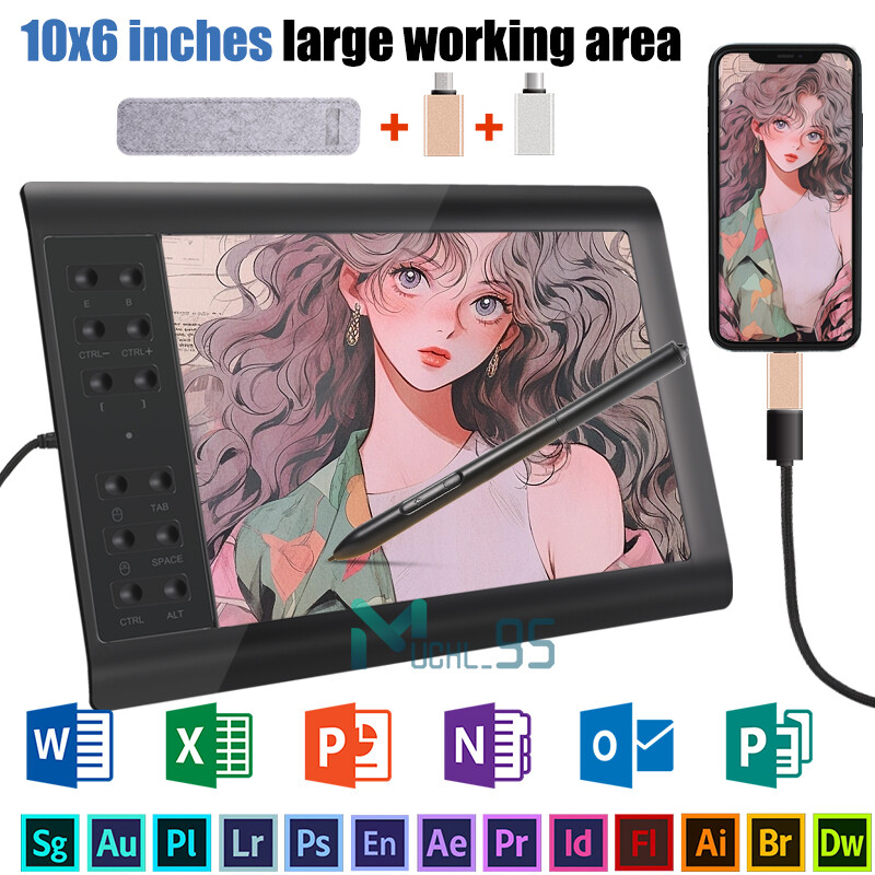 10x6 inch Digital Drawing Tablet HD Screen Graphics tablet with Battery-free Pen