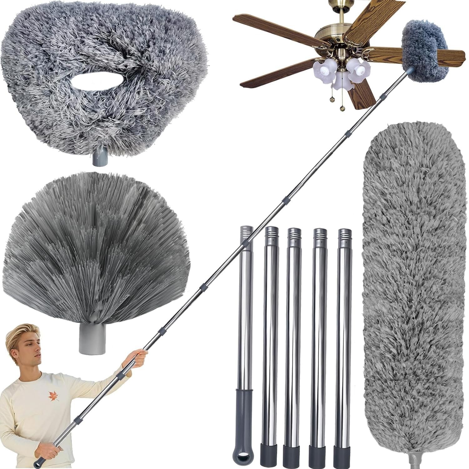 20+ Ft High Reach Ceiling Fan Duster & Cobweb & Corner Brush Duster with 3-14...