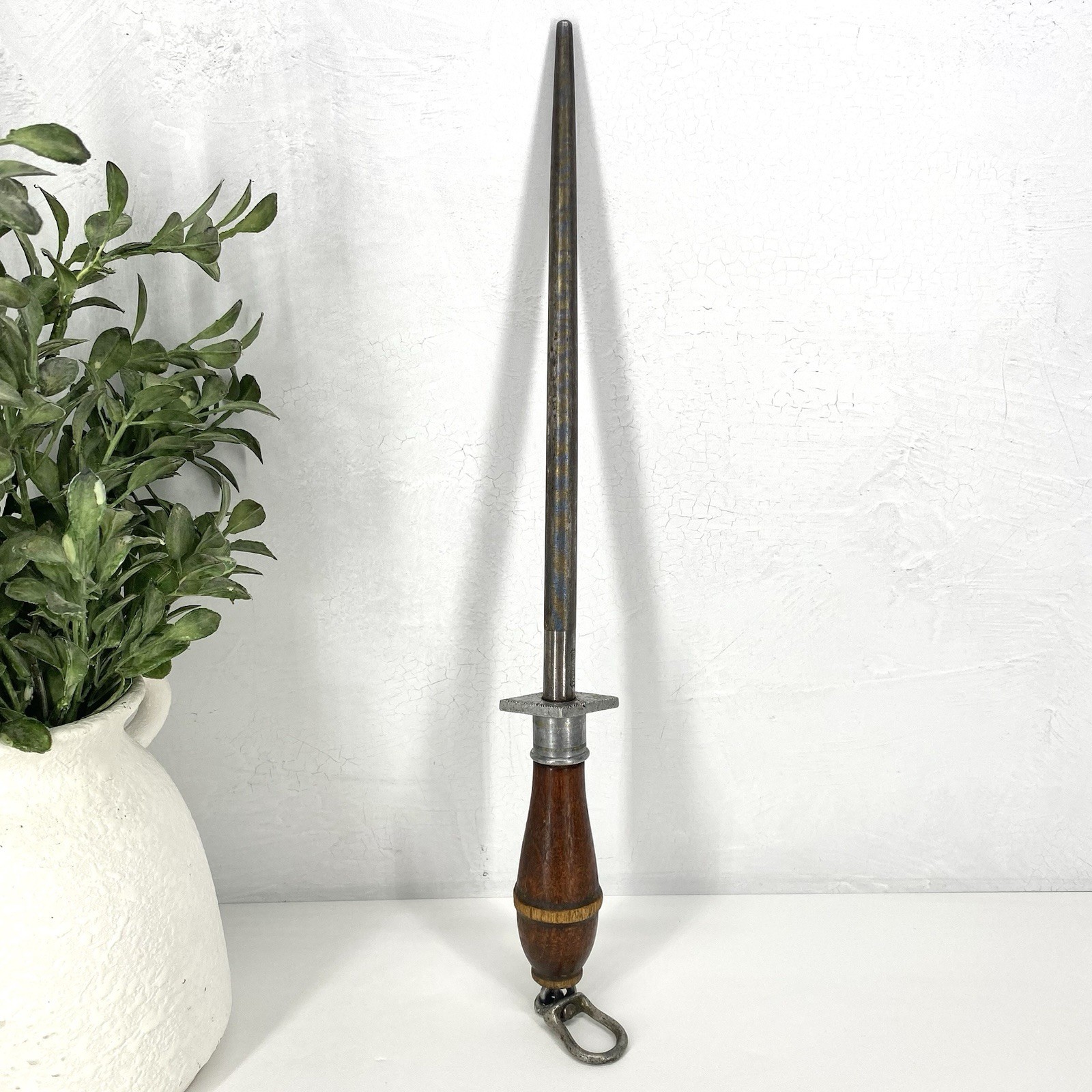 Vintage Steel Honing Rod Sharpening Tool With Wood Handle And Hanging Ring