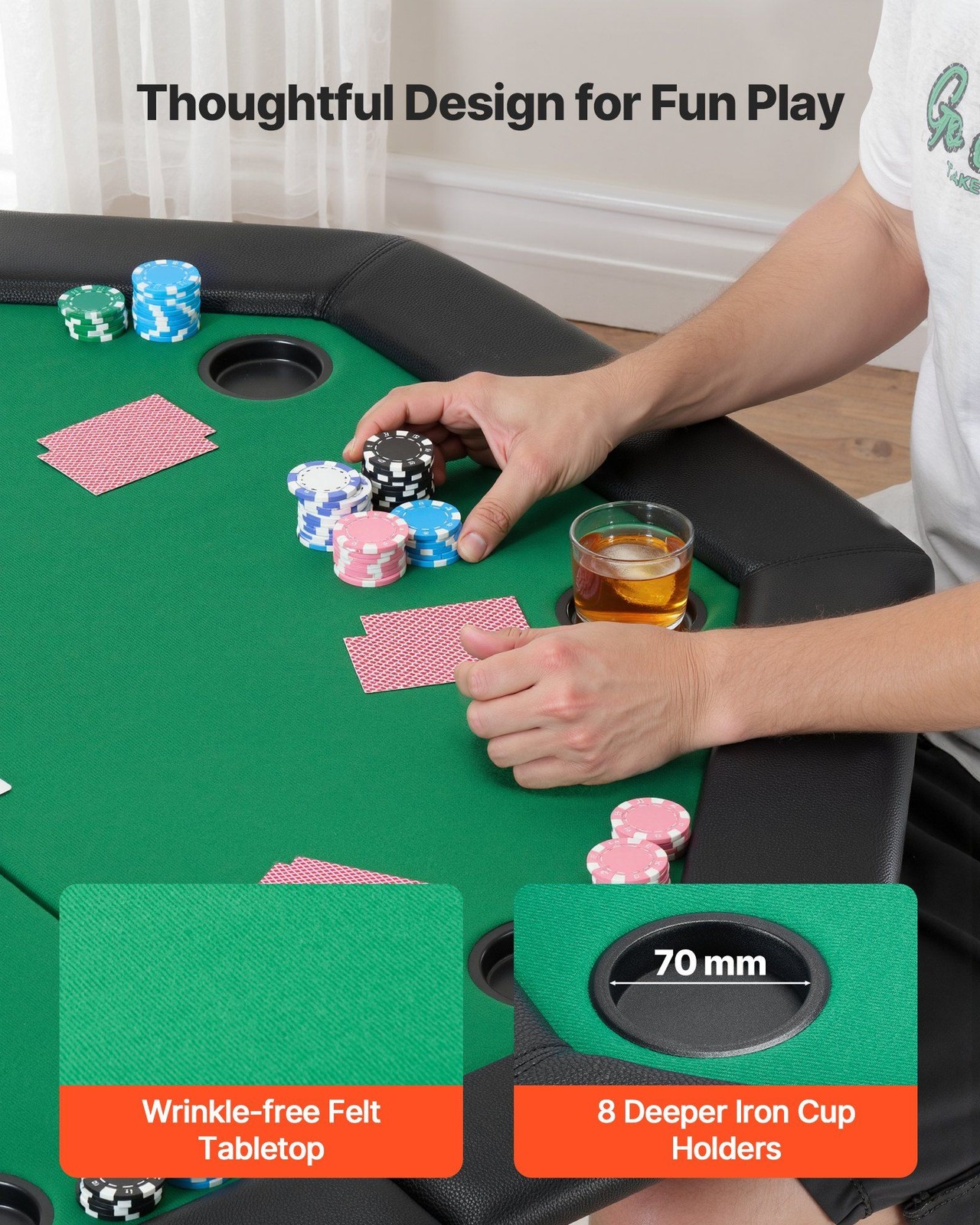 8-Player 48in Octagonal Poker Table Foldable with Waterproof Padded Rails