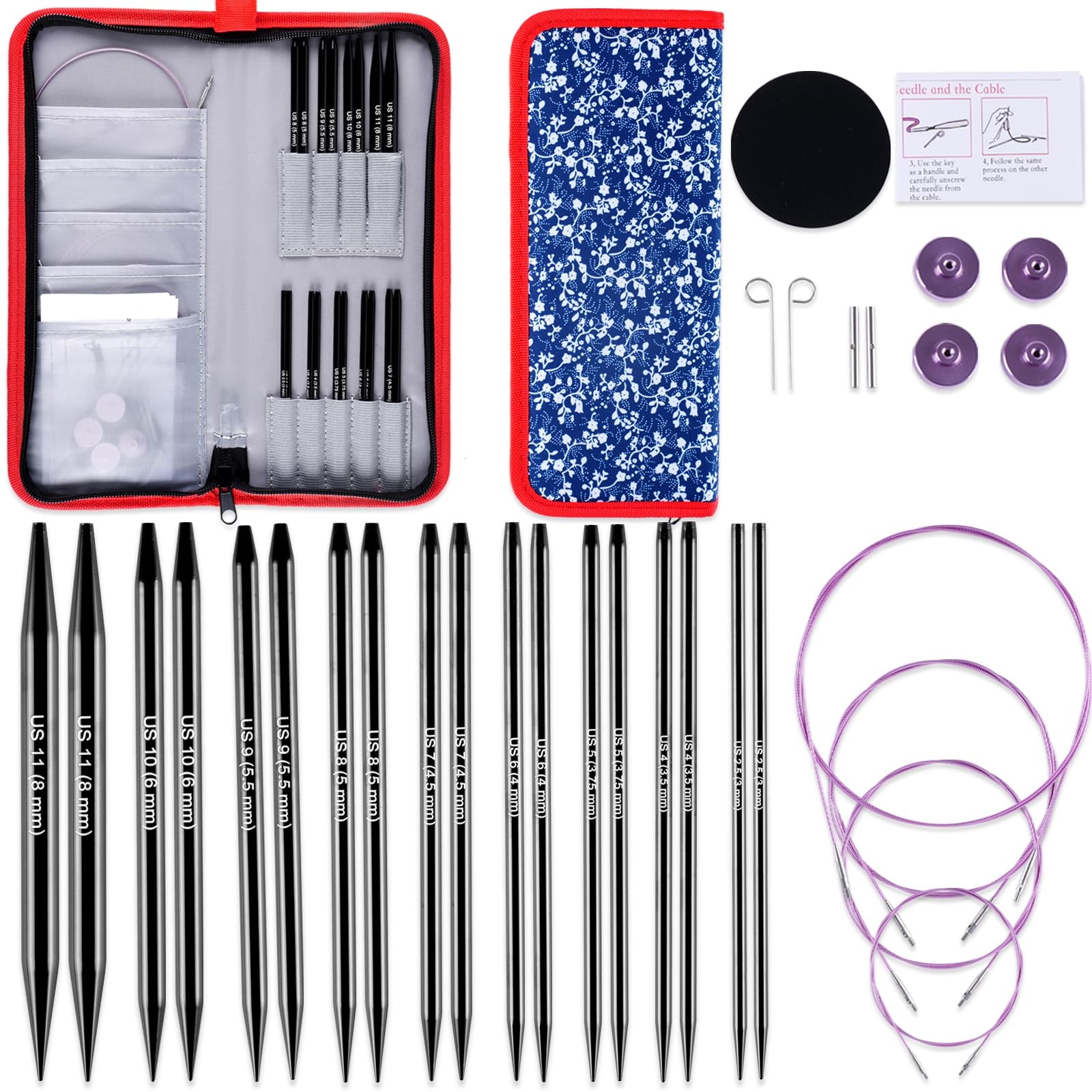 Interchangeable Circular Knitting Needle Set Aluminum US 2.5-11 with Case 9 Pair