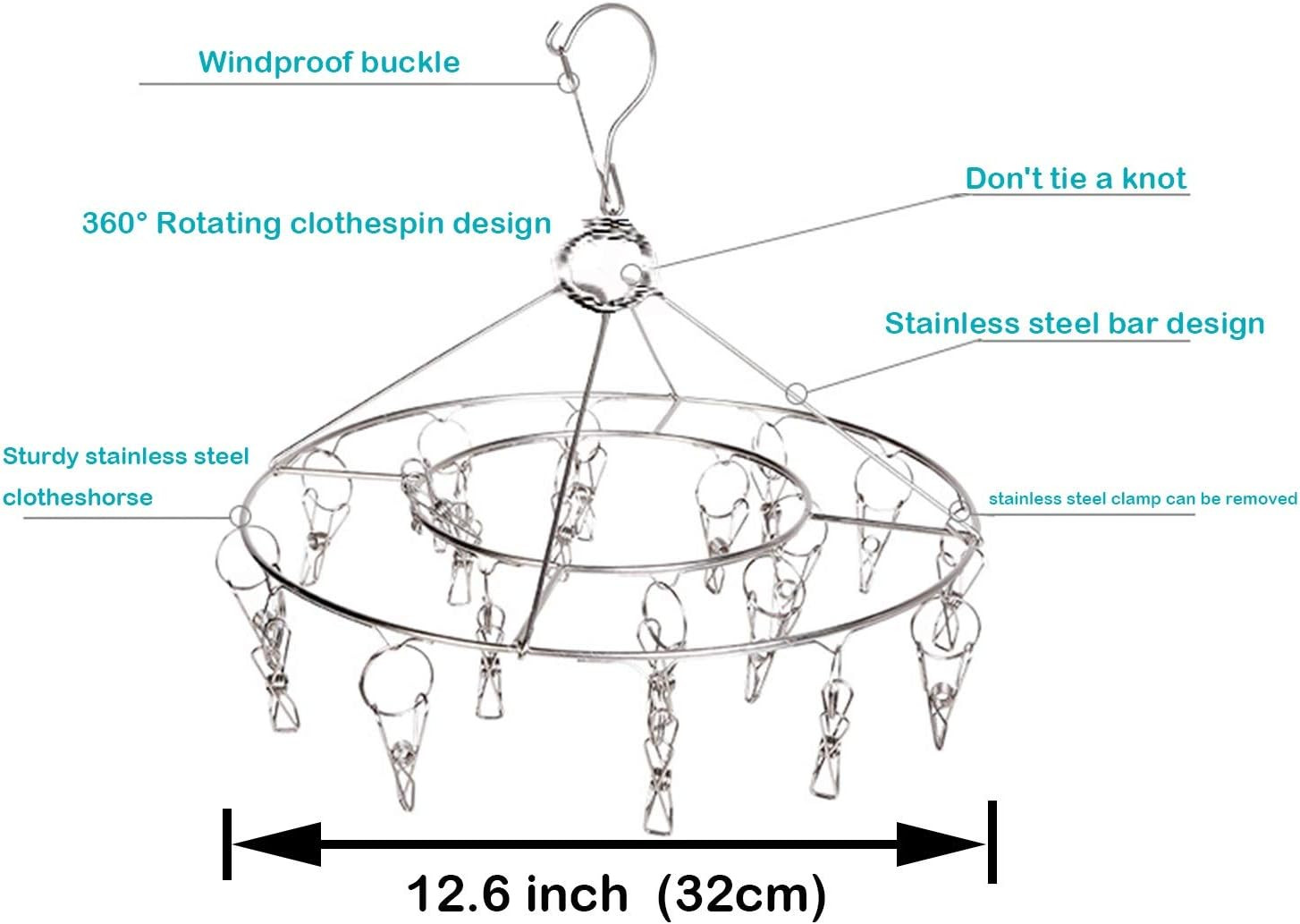 2 Pack Stainless Steel round Hanging Drying Rack with 20 Clips for Laundry