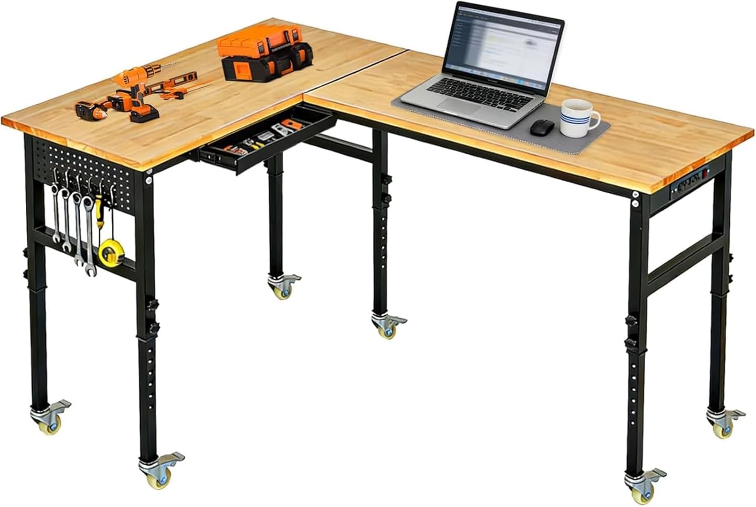 108in L-Shaped Adjustable Workbench w/ Wheels, Drawers Pegboard Power Outlet