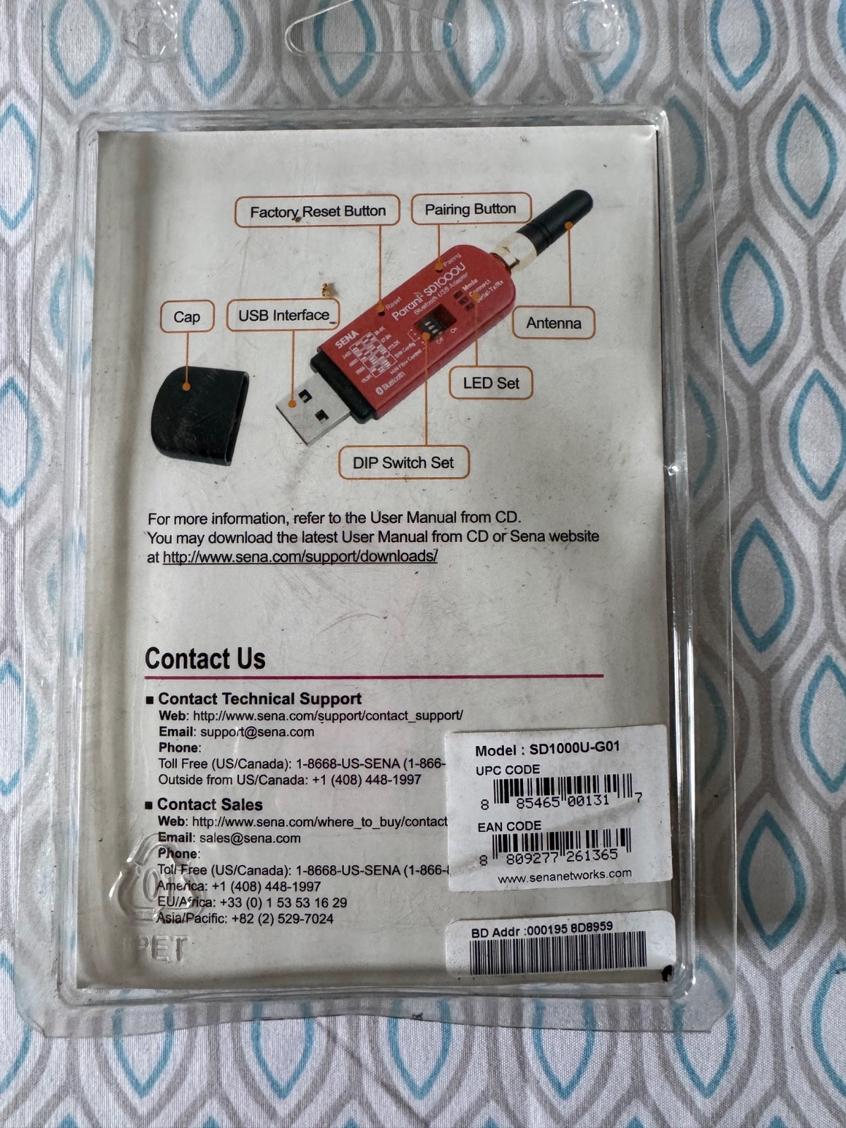 SENA Parani SD1000U Bluetooth USB Adapter with Antenna for PC, Red/Black