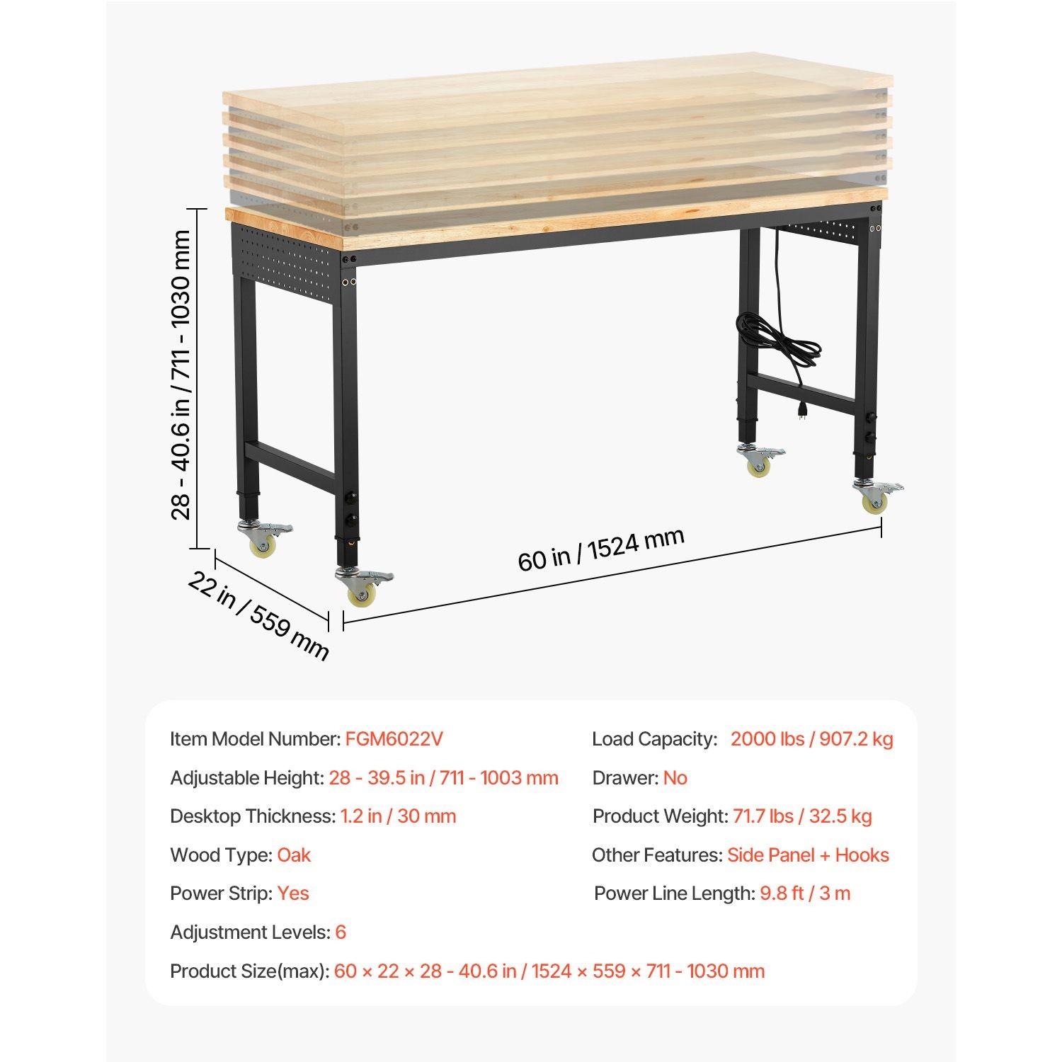 60in Adjustable Workbench 28-39.5in Oak Top 2000lb