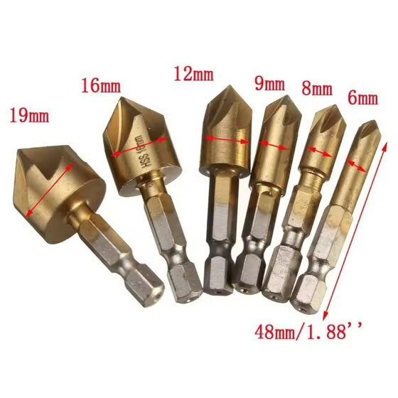 6× Chamfer Countersink Deburring Drill Bit Set Crosshole Cutting Metal Tool Kit