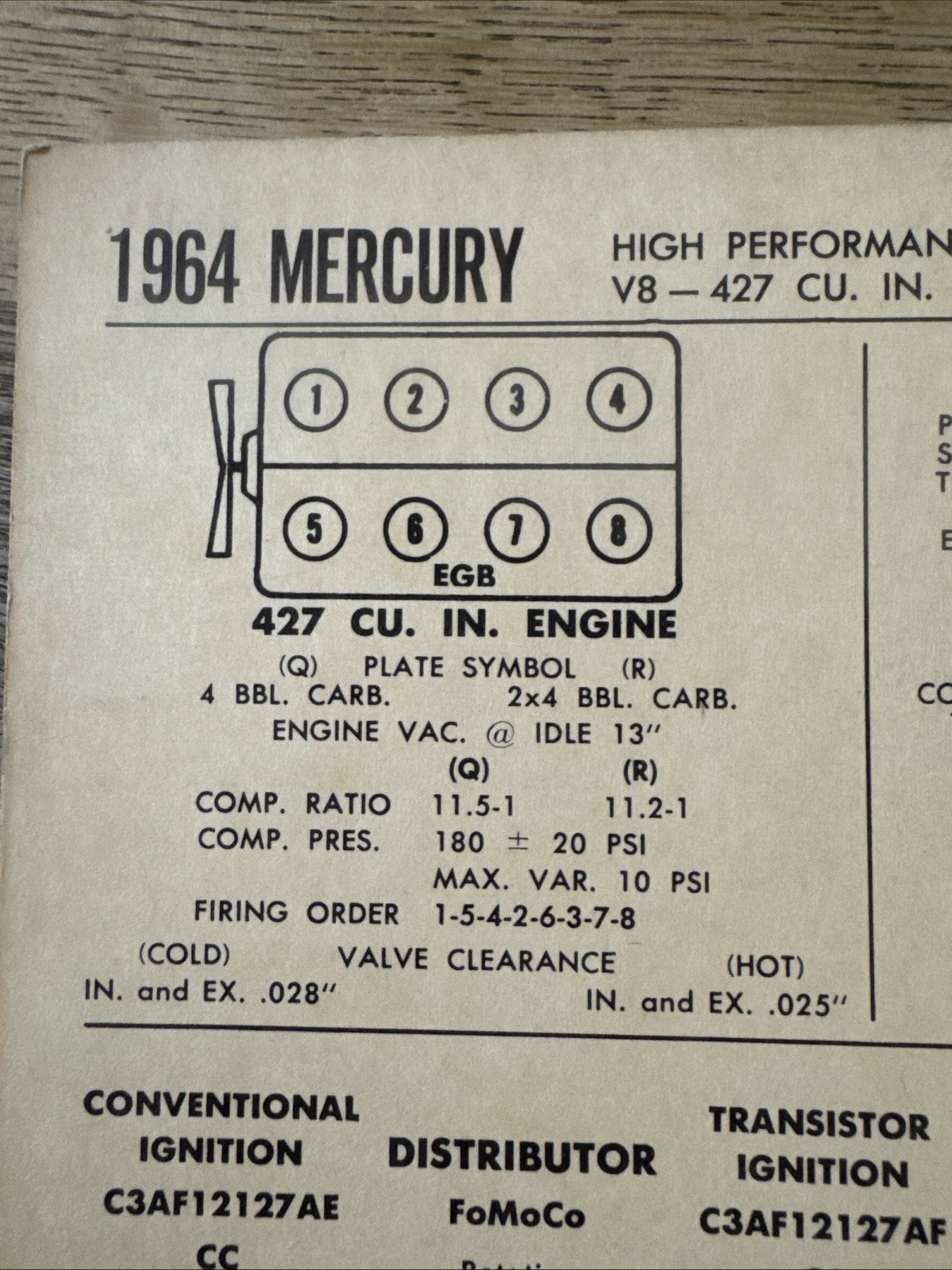 1964 MERCURY HIGH PERFORMANCE V8 427 CU IN SPECIFICATIONS CHART SHEET