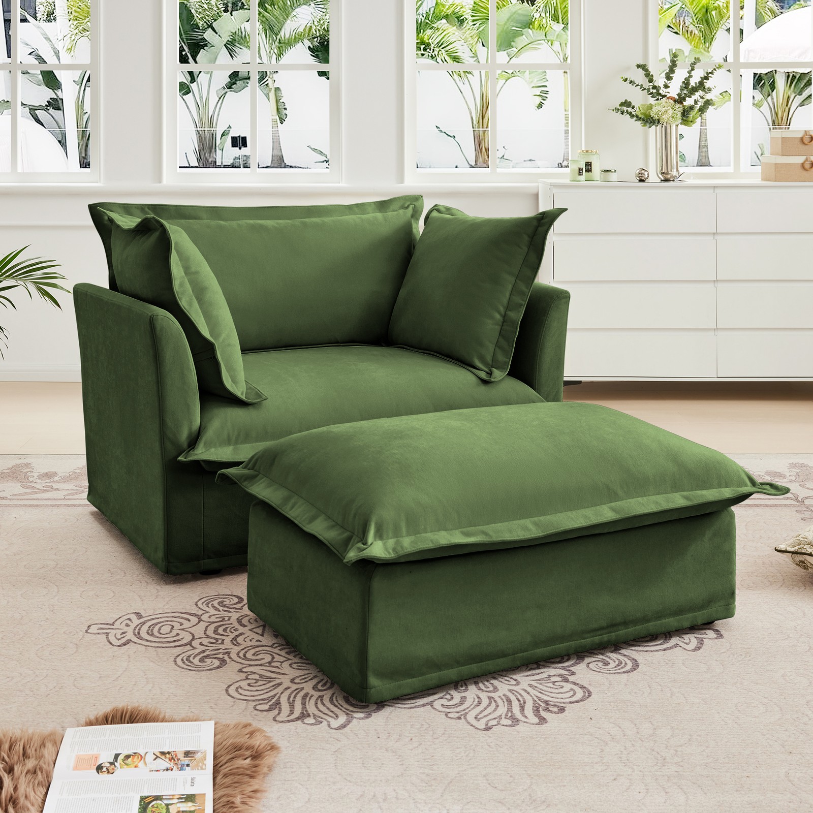 Deep Seat Chenille Armchair & Ottoman Set with Pillows, Green Sofa