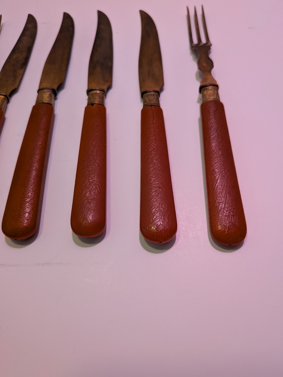 Vintage Red And Brass Fork And Knife Set 6 Ct