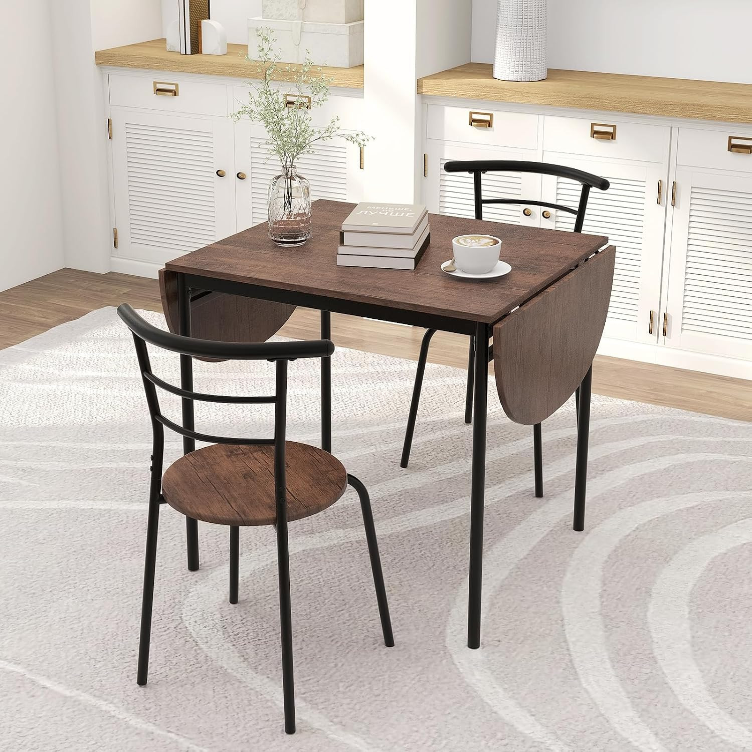 3-Piece Dining Table Set for 2, 55-Inches Drop Leaf Kitchen Table with Dining Ch