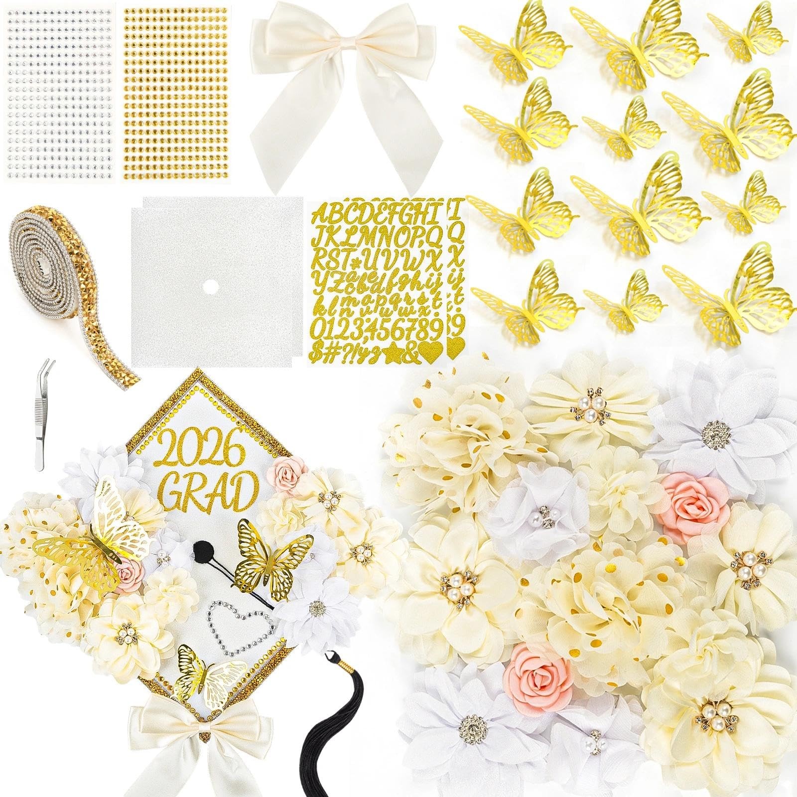 Graduation Cap Decorations Kit 2026 DIY Cap Decorations 36PCS Included Fake F...