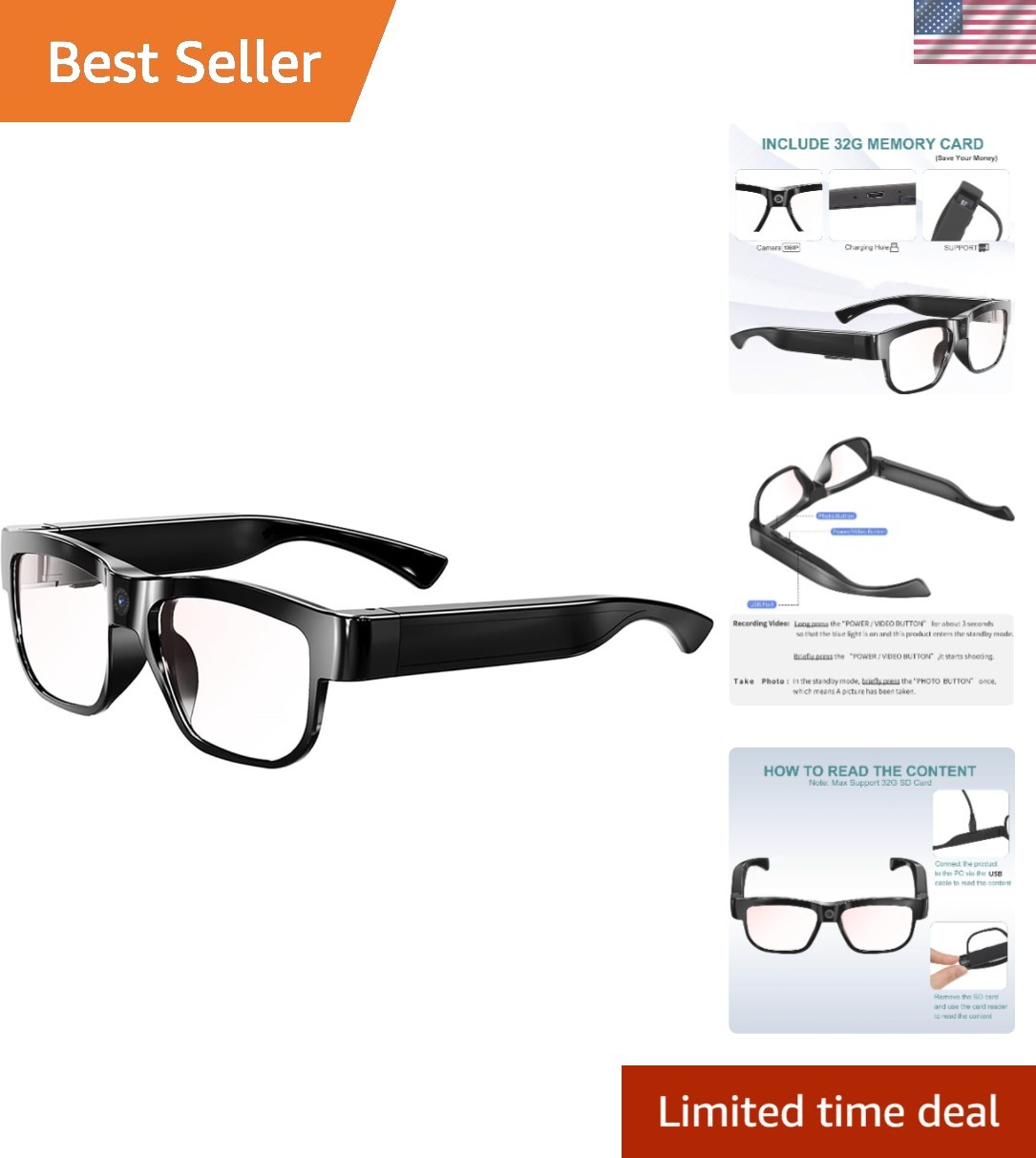 Outdoor HD Camera Glasses - 1080P Video Capture with Easy One-Touch Recording