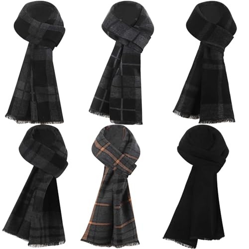 Geyoga 6 Pcs Mens Scarf Mens Winter Warm Long Soft Scarf Plaid Tassel for Soft