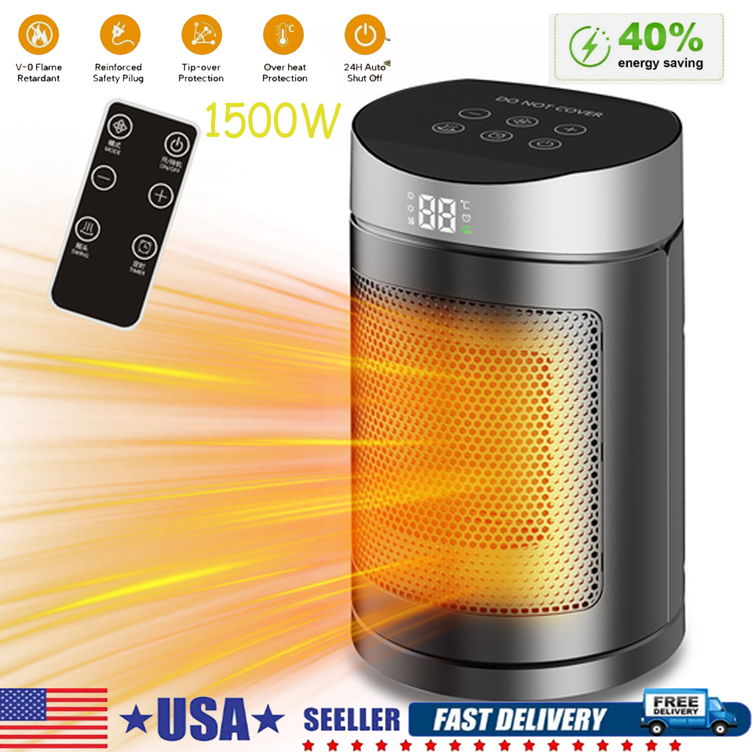 1500W Space Heater Portable Electric Heaters Indoor with Thermostat PTC Ceramic