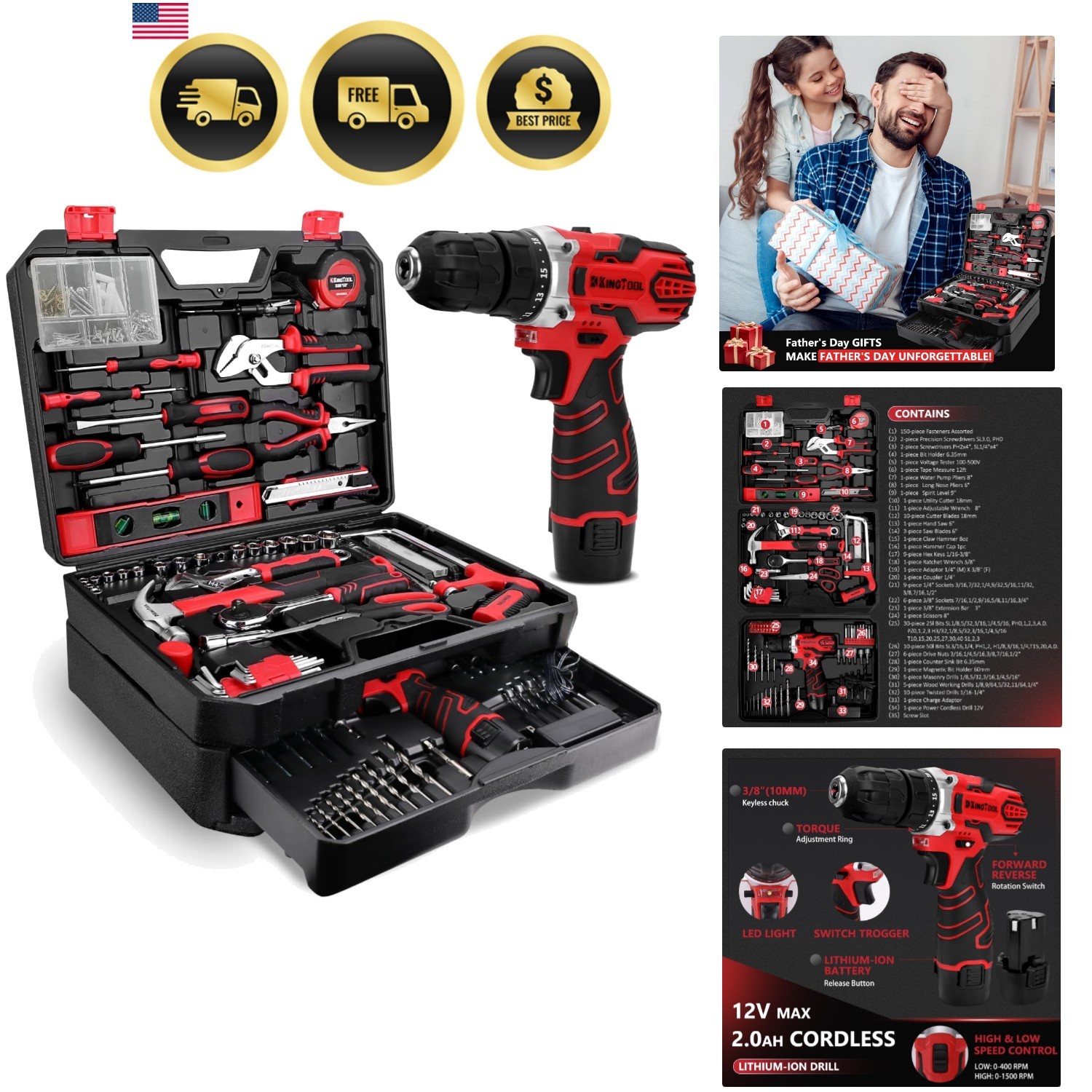 276-Piece Tool Set Kit - Tool kit with 12V Cordless Power Drill Driver Toolbo...
