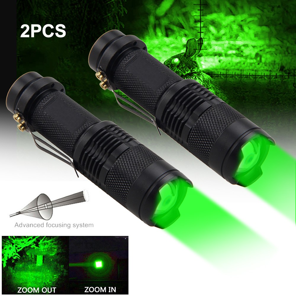 2 Pack Green Light Flashlight 3Modes LED Mini Zoom Hunting Camping Lamp Torch
