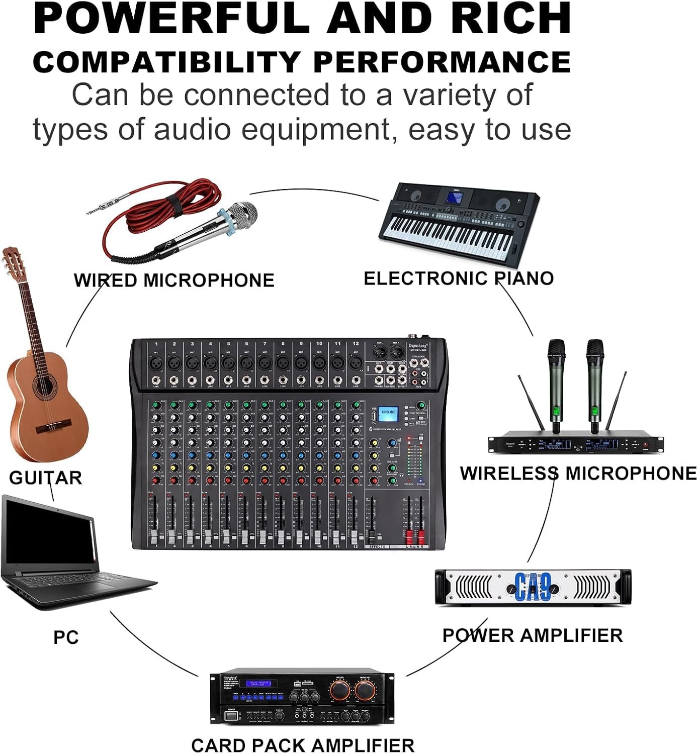 DT12 12-Channel DJ Audio Mixer with USB, Bluetooth, XLR & RCA Input