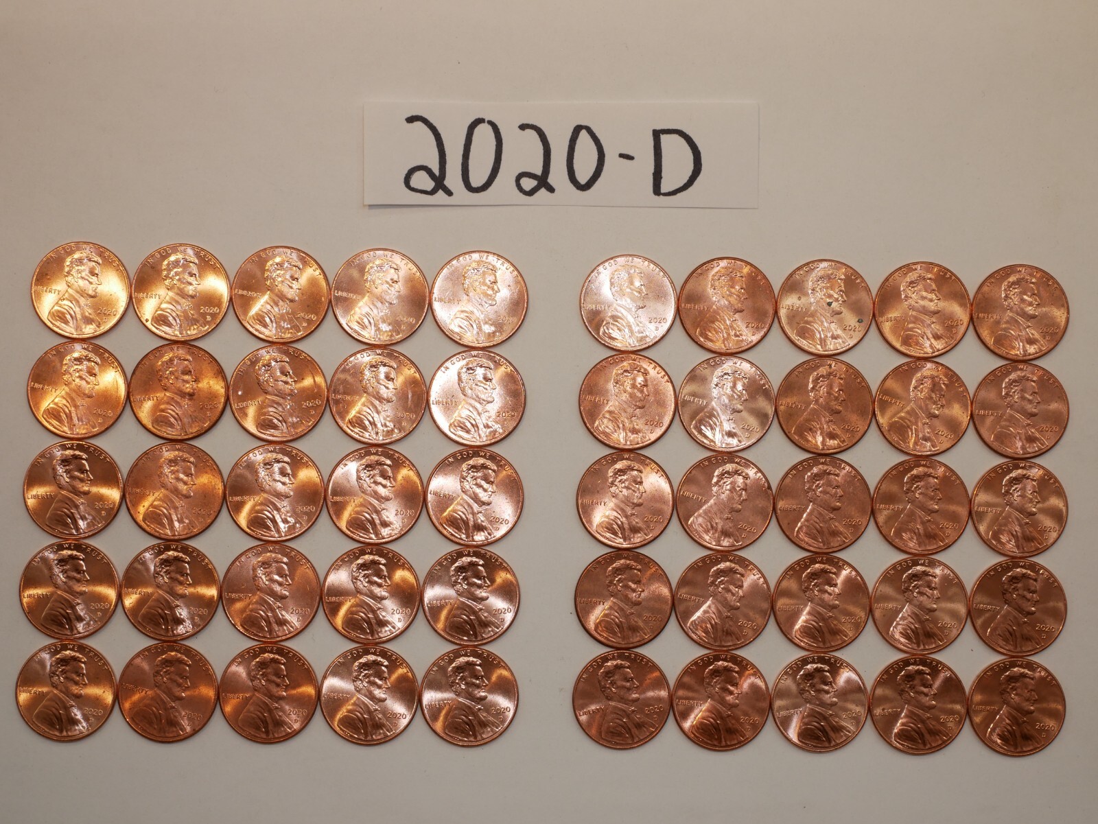 2020-D BU CENT ROLL SOLID DATE = 50 LINCOLN SHIELD PENNIES (8+ ITEMS SHIP FREE)