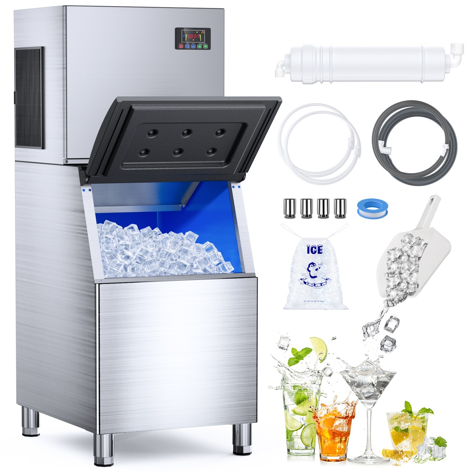 550Lbs/24H Commercial Ice Machine Stainless Steel 360Lbs Storage Self-Cleaning