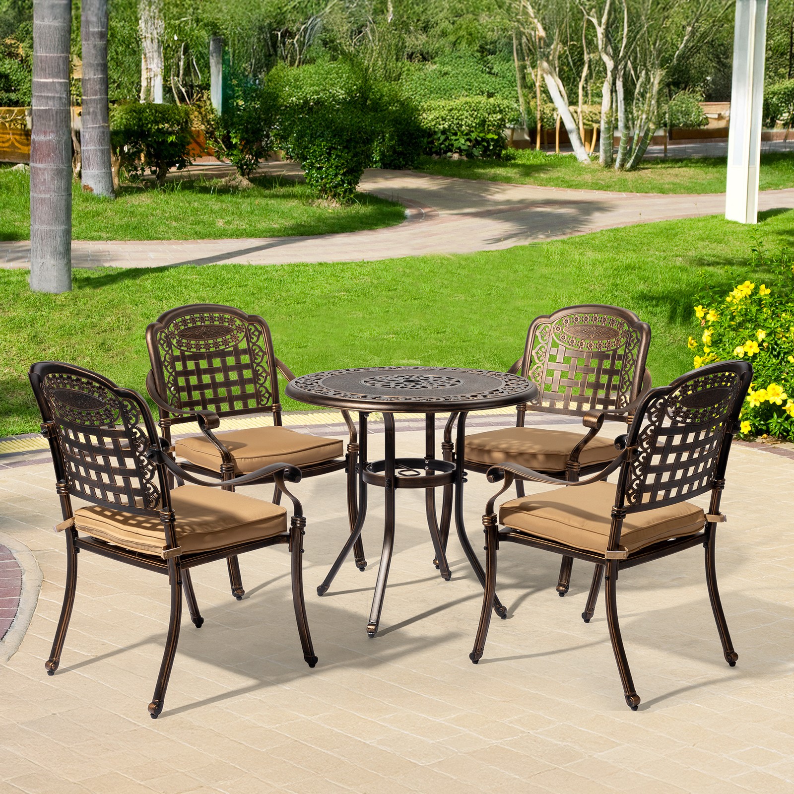 Patio Chairs 4 Piece In/Outdoor Cast Aluminum Bistro Dining Chairs with 4Cushion