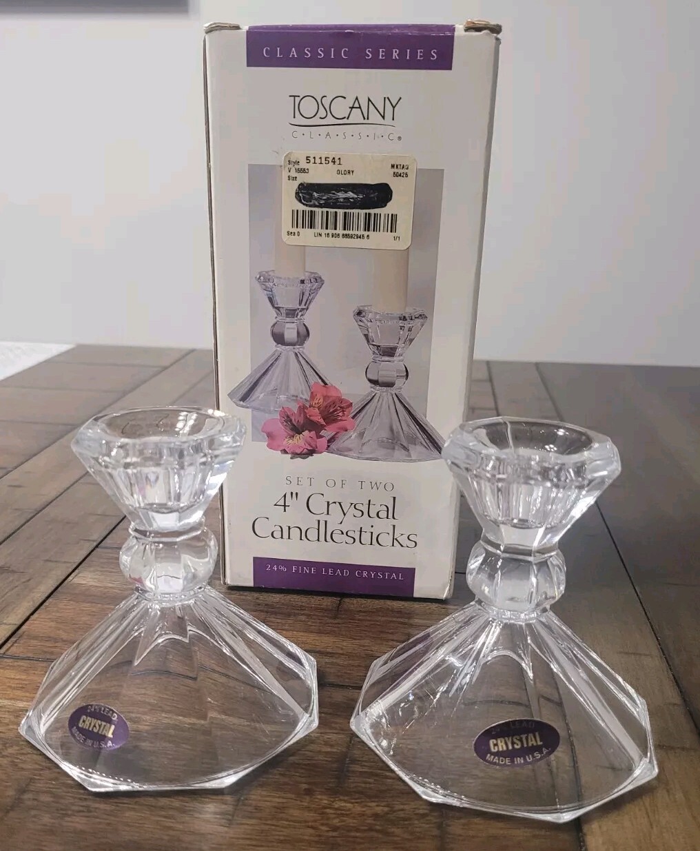 TWO Crystal Candlestick Holders 4" Toscany Collection 24% Fine Lead Crystal MARK
